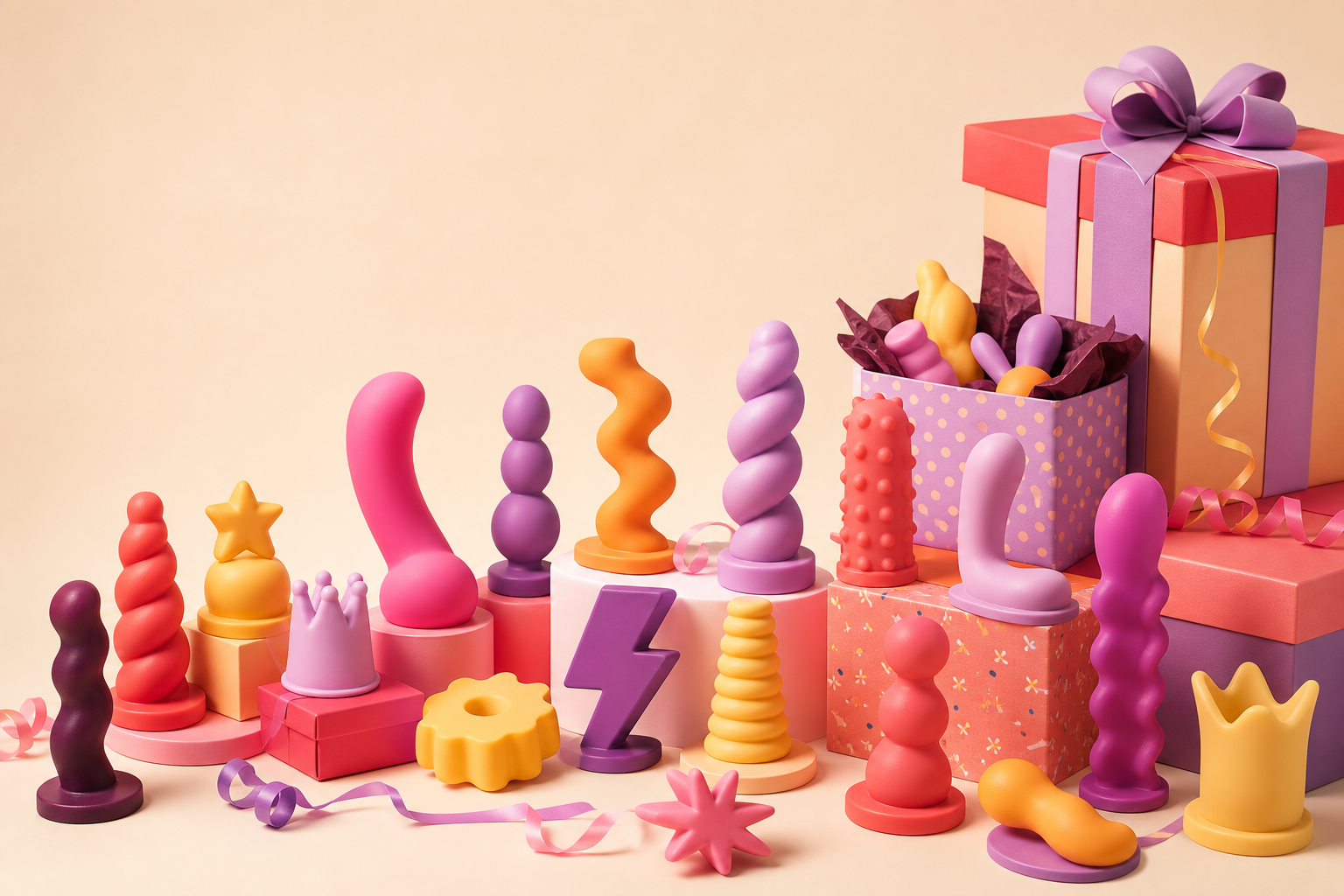 A colorful arrangement of abstract novelty gifts
